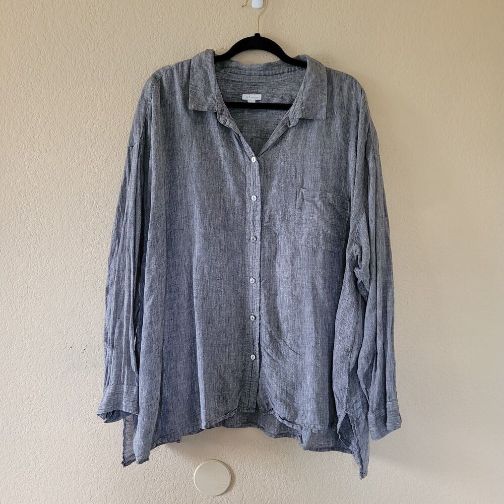 J Jill Love Linen Long Sleeve Button Up Shirt 4X Gray Lightweight Resort Beach